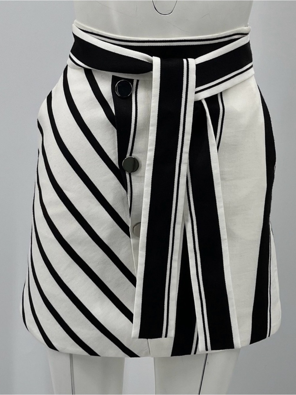 Maje Black and White Striped Tie-Belt Mini Skirt